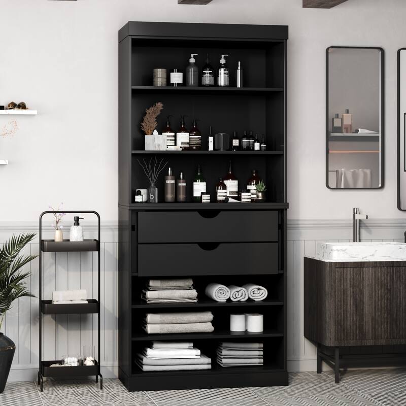 100% Solid Wood 32" Bathroom Cabinet with Optional Doors, 2-Drawers by Palace Imports - Black - No Doors