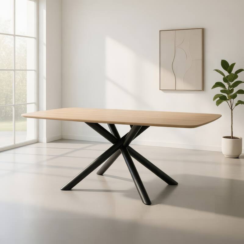 Loan Dining Table, Rectangular Natural Brown Top, Black Metal 79 Inch