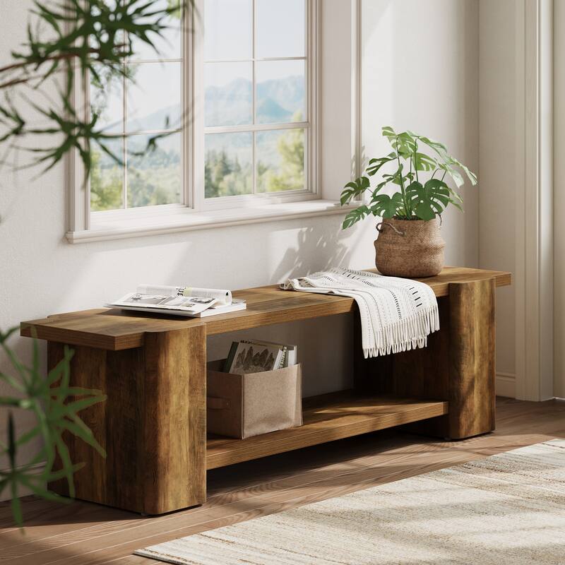 63" Entryway Bench, 2-tier Shoe Bench with Open Shelves