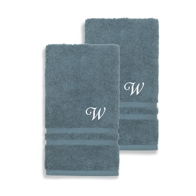 Authentic Hotel and Spa Omni Turkish Cotton Terry Set of 2 Medium Blue Hand Towels with White Script Monogrammed Initial