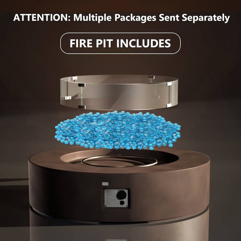 SUNBURY 42''Round Propane Fire Pit w Wind Guard and Fire Glass
