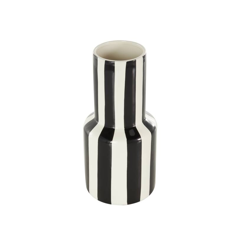 White Ceramic Round Decorative Vase with Blue or Black Vertical Stripes