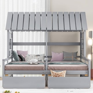 Twin House Platform Kids Beds with Roof, 2-Drawers for Shared Rooms, Grey