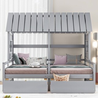 Twin Size House Platform Beds with Drawers for Boy & Girl Shared Beds