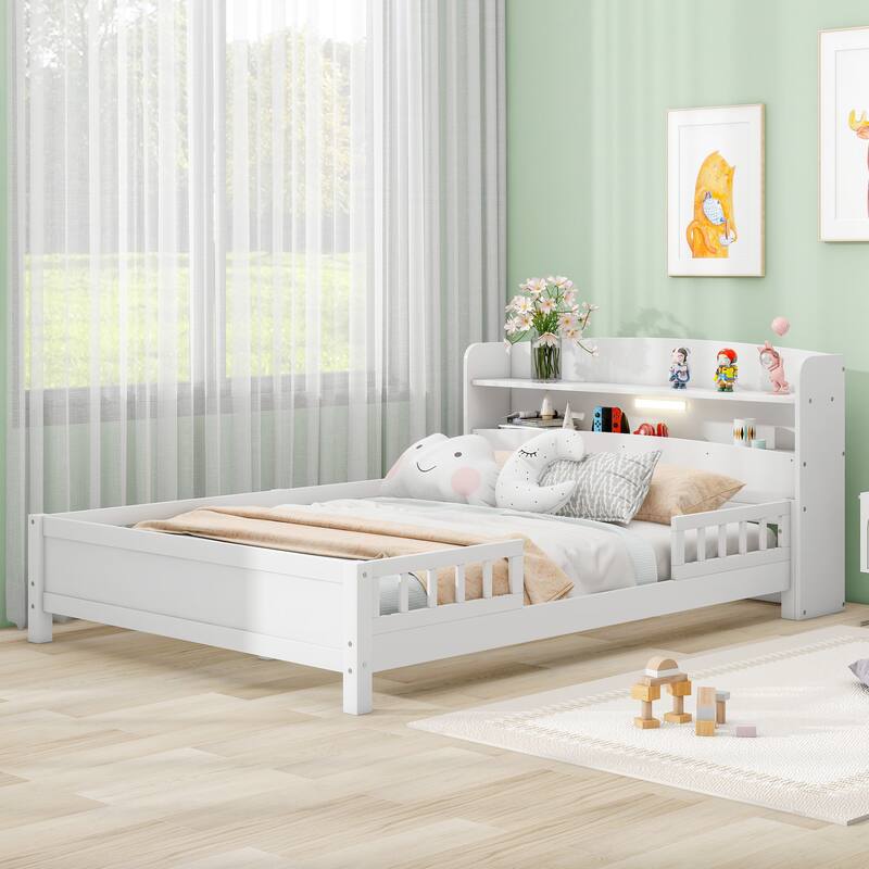 Twin/Full Size Wood Platform Bed with Built-in LED Lights, Shelves, and Guardrail