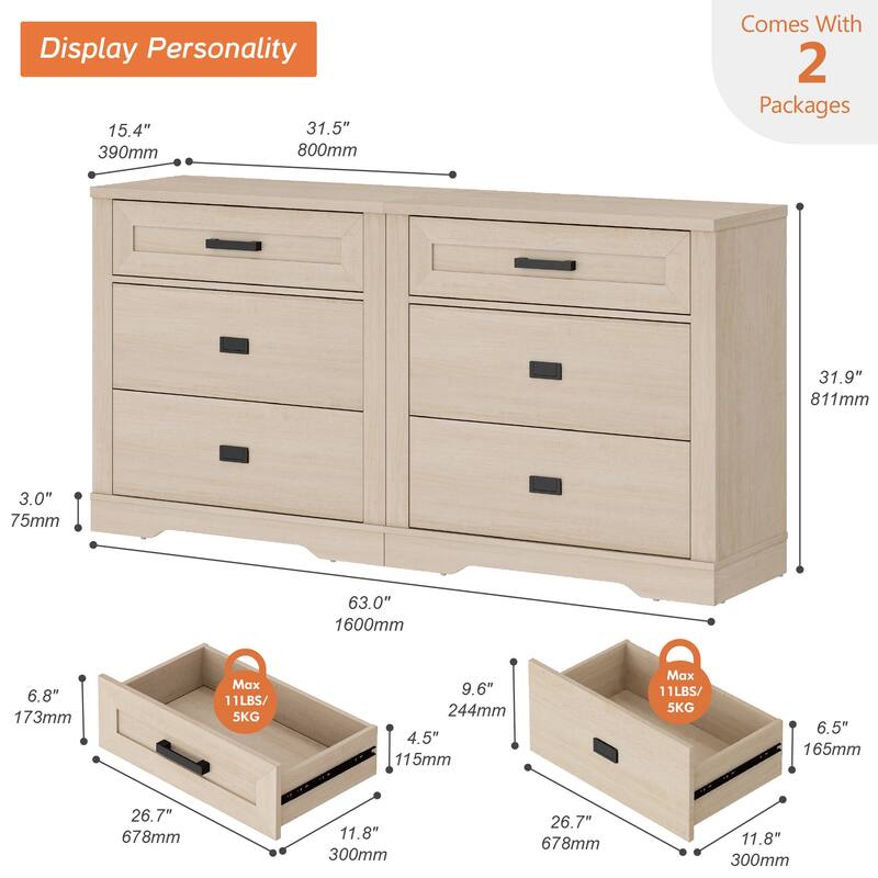 WAMPAT Mid Century Modern Dresser, 31.9" Tall Storage Cabinet with Drawers