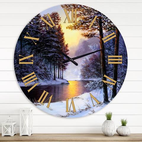 Designart 'Warm Sunshine Reflection Over Winter Forest River I' Farmhouse wall clock
