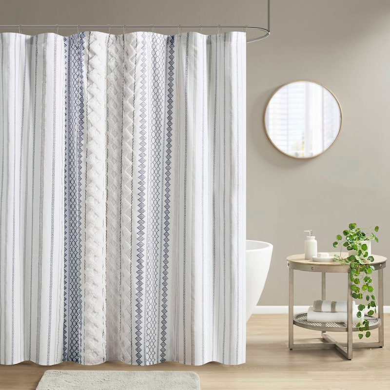 INK+IVY Imani Cotton Printed Shower Curtain with Chenille - White/Navy
