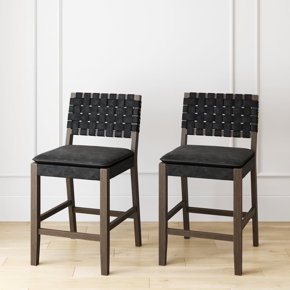 Nathan James Cohen Faux Leather Counter or Bar Height Stool, Solid Wood Frame with Footrest and Woven Leather Back