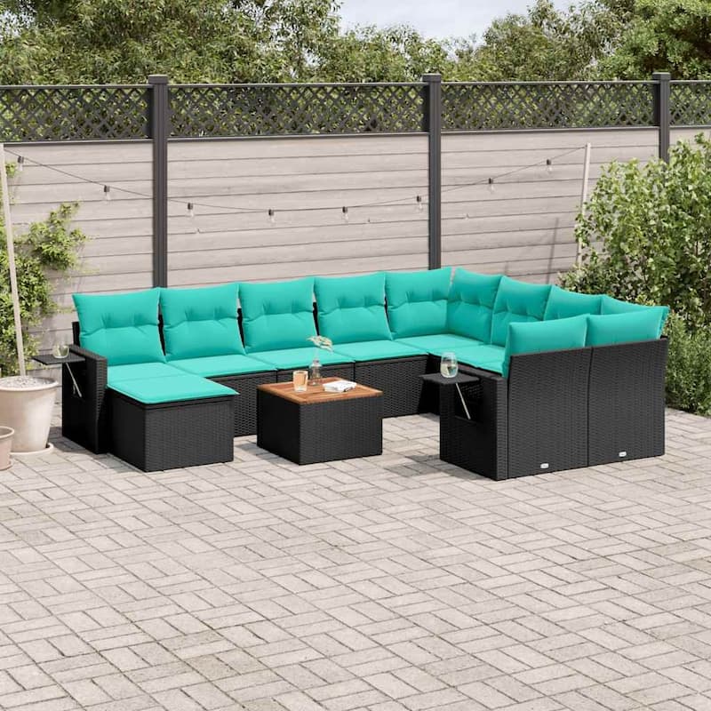 vidaXL 11 Piece Patio Sofa Set with Cushions Black Poly Rattan - 24.4" x 24.4" x 27.2" - Black and blue