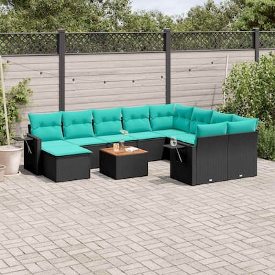 vidaXL 11 Piece Patio Sofa Set with Cushions Black Poly Rattan - 24.4" x 24.4" x 27.2"