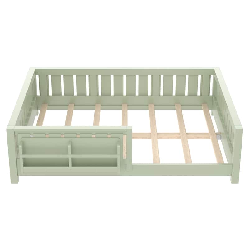 Low Profile Montessori Bed Floor Platform Bed with Fence and Bookshelf