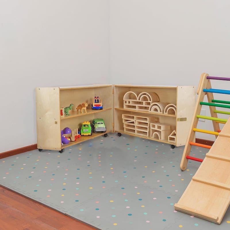 RRI Goods Montessori Wooden Folding Bookcase with Casters, Toy Organizer Storage Unit for Classroom Natural Wood Finish