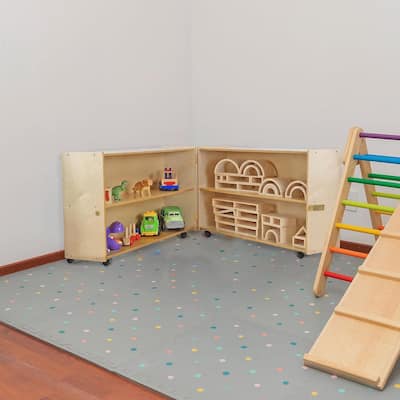 RRI Goods Montessori Wooden Folding Bookcase with Casters, Toy Organizer Storage Unit for Classroom Natural Wood Finish