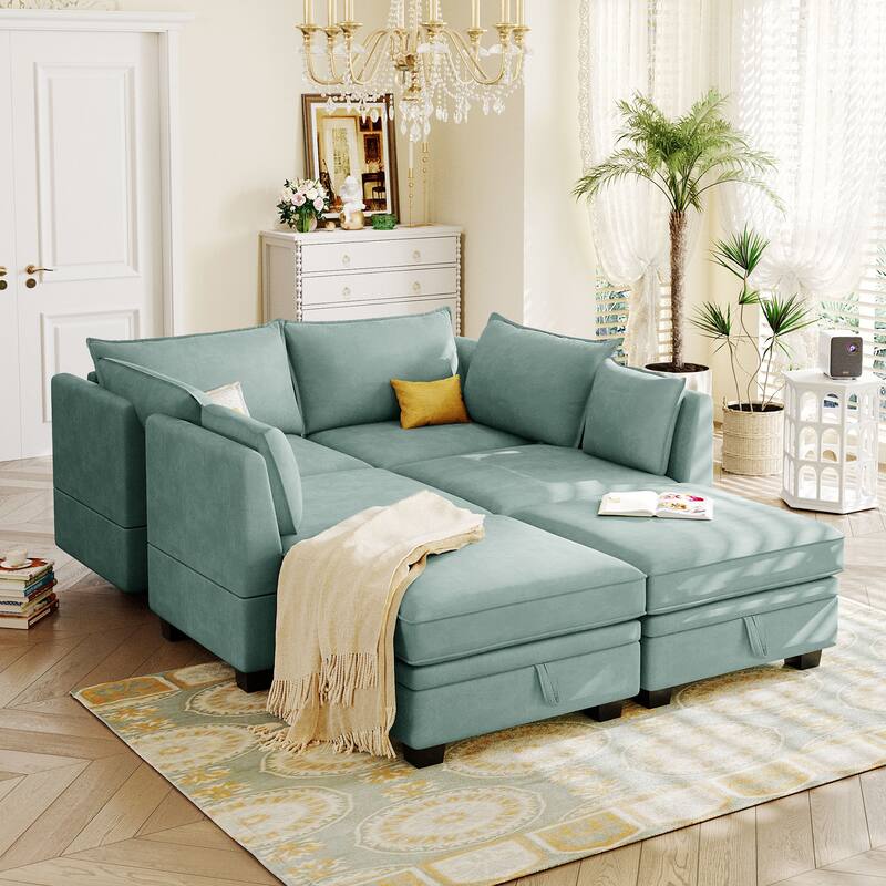 U-Shape Modular Sectional Sofa, Convertible Sectional Sofa Bed, Upholstered Sofa with Reversible Chaise & Ottoman - Light Green