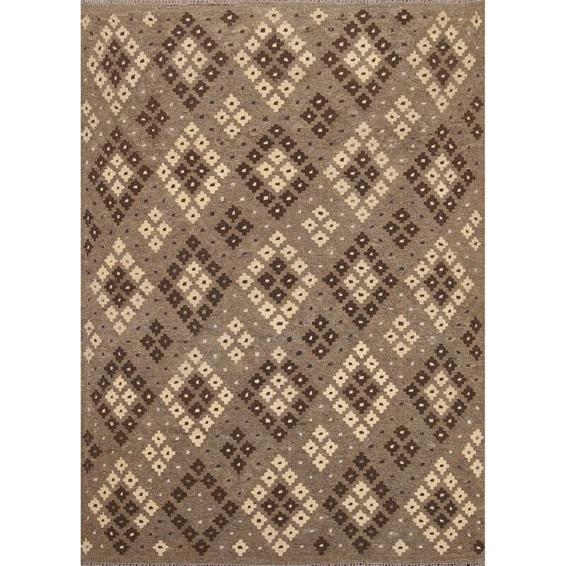 Hand Woven Oriental 100% Wool Carpet Southwestern All-Over Brown Kilim Area Rug - 6' 6'' X 5' 1''
