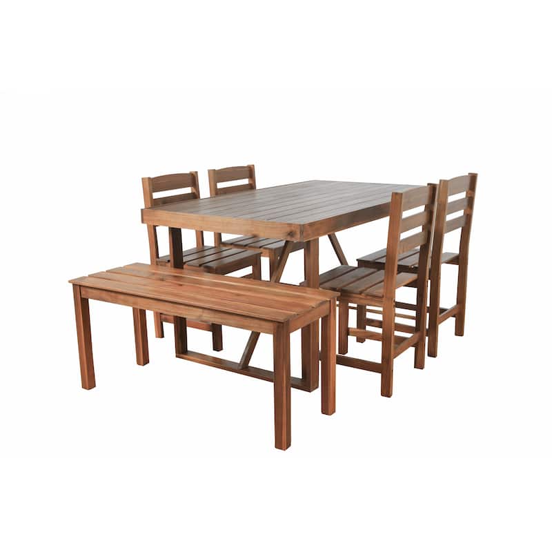 6 Piece Patio Furniture Set, Acacia Wood Outdoor Dining Table and Chairs Set with Rectangular Table, 4 Chairs and Bench