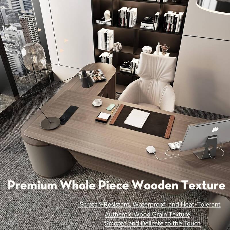 Sit & Stand Adjustable Height L Shaped Executive Desk with File Cabinets Drawers Universal Charging Ports