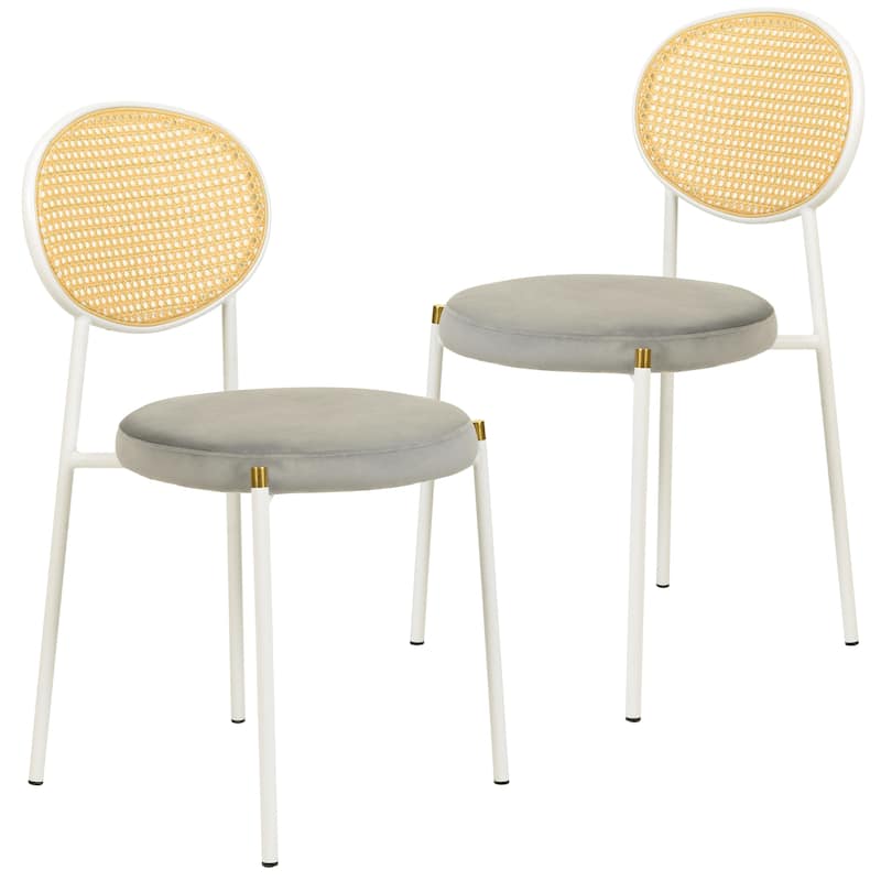 LeisureMod Euston Modern Dining Chair with Upholstered Velvet Seat - Wicker Back and White Stainless Steel Legs Accent Chair - Grey