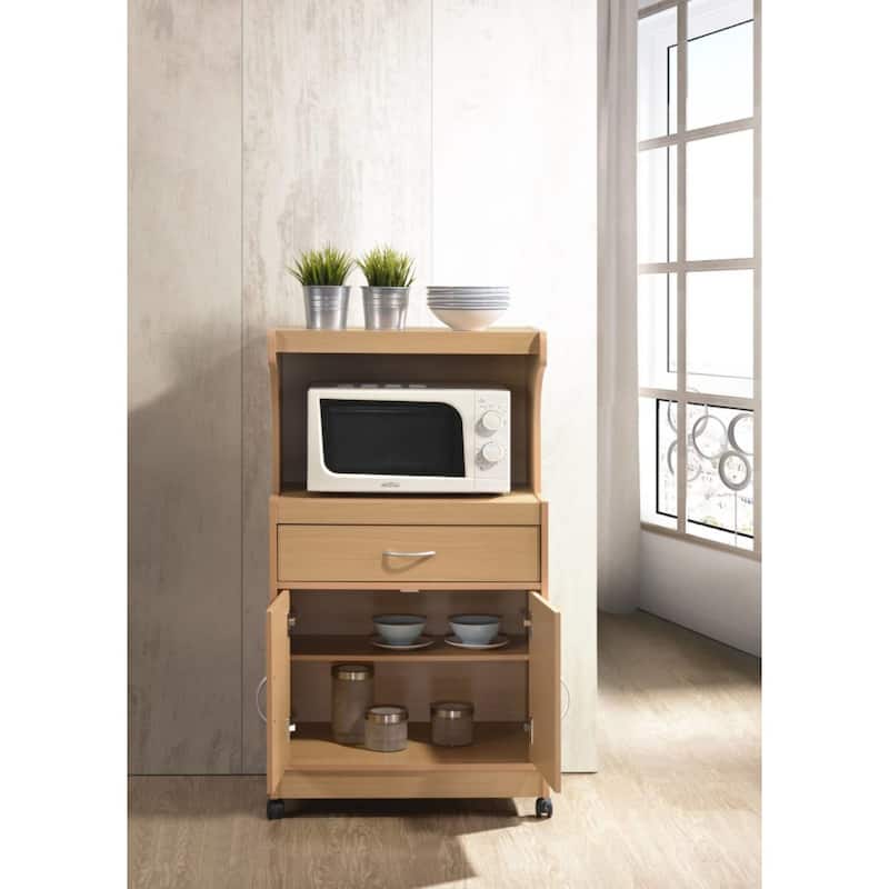 45" Beige Microwave Kitchen Cart with Cabinet and Drawer