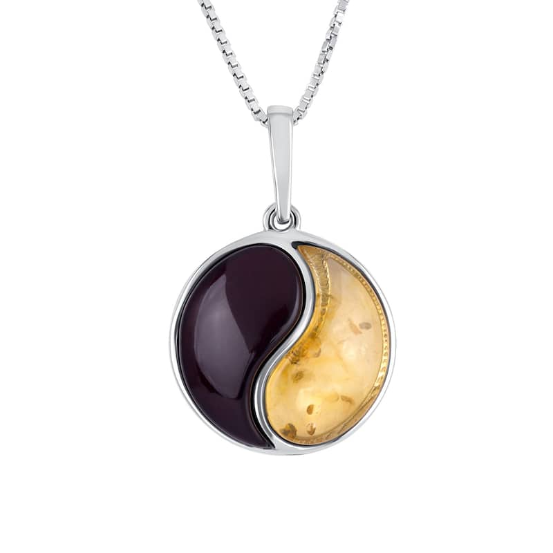 Baltic Amber Yin Yang Pendant Necklace in Sterling Silver