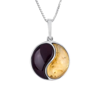 Baltic Amber Yin Yang Pendant Necklace in Sterling Silver