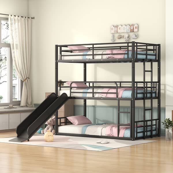slide 2 of 18, Multi-functional Twin Size Metal Bunk Bed with Ladders and Slide, Divided into Platform and Loft Bed Black