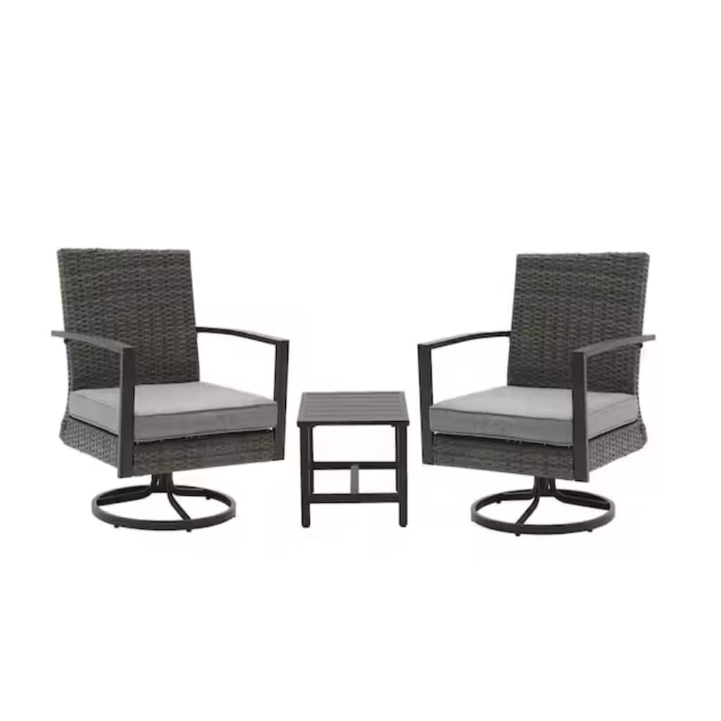 3-Piece Gray Swivel Rocker Patio Bistro Set with Side Table Cushions