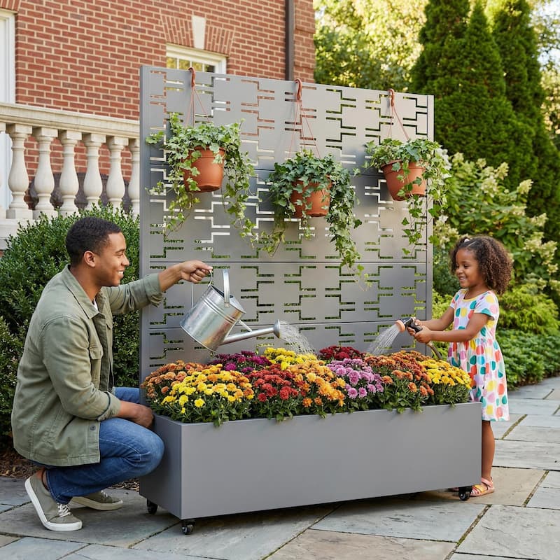 Metal Planter Box with Trellis Privacy Screen Planter Box with Lockable Wheels