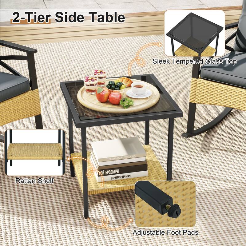 Gymax 3-Piece Rattan Rocking Bistro Set w/Tempered Glass Tabletop &