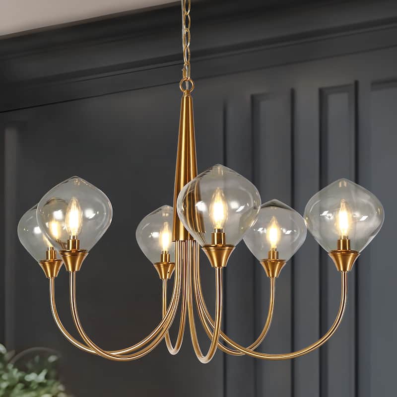 Celesn Modern Gold 6-Light Wheel Chandelier Glass Shade for Dining Living Room - D32" x H23"