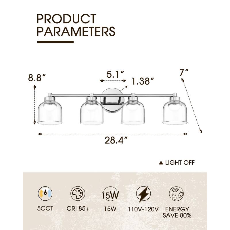 3/4/5-Light 15W LED Bathroom Vanity Light, Dimmable, Chrome