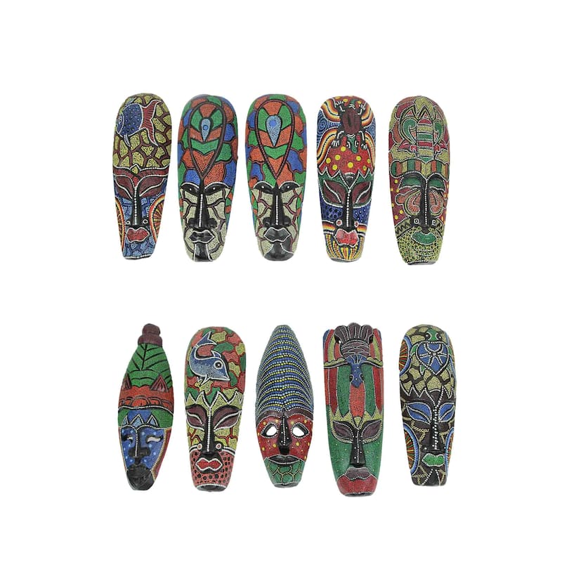 Zeckos 12 Inch Tropical Dot Painted Tribal Wood Wall Masks (Set Of 10)