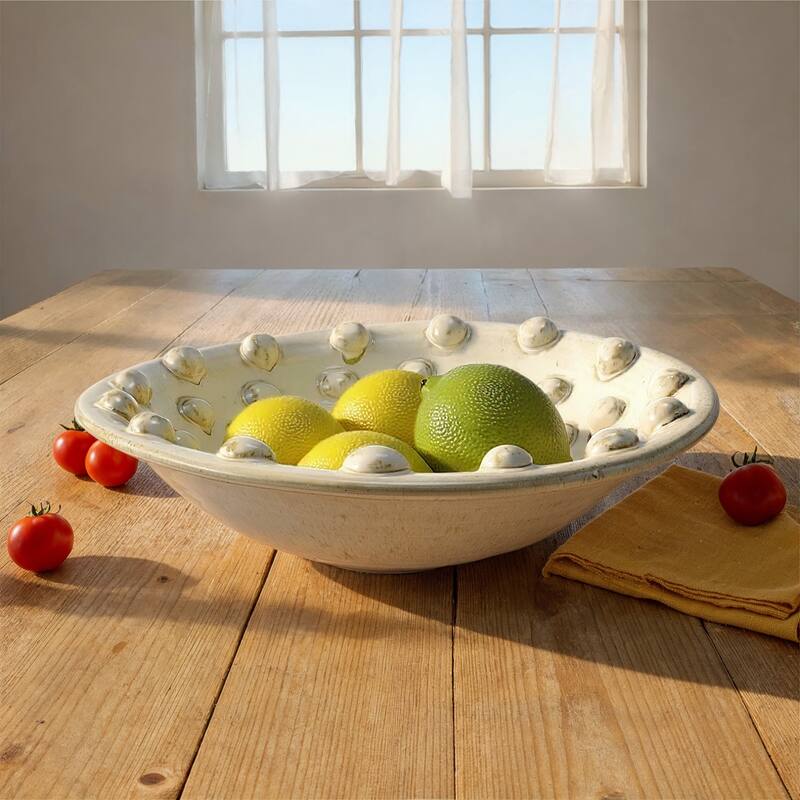 Handmade Terra-cotta Low Bowl with Raised Dots - 16.5"L x 16.5"W x 3.75"H - Cream