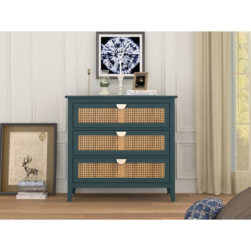 3-Drawer Bachelors Chest Cabinet with Hollow-Carved, Natural Rattan, American Furniture, Suitable for Bedroom, Living room
