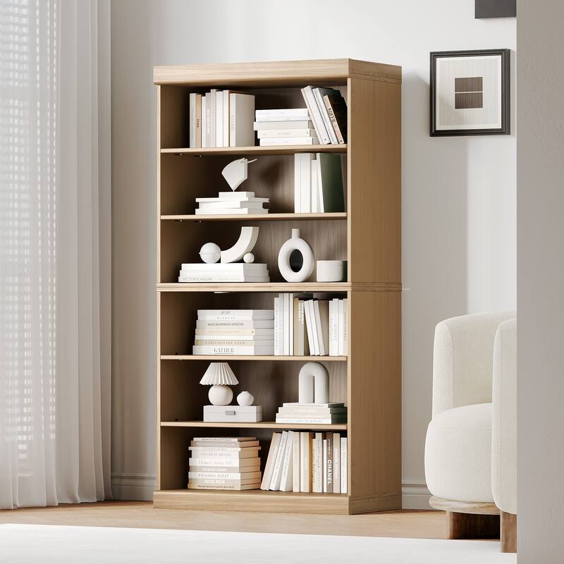 62" Solid Wood 6-Shelf Bookcase Storage with Adjustable Shelves - Clear