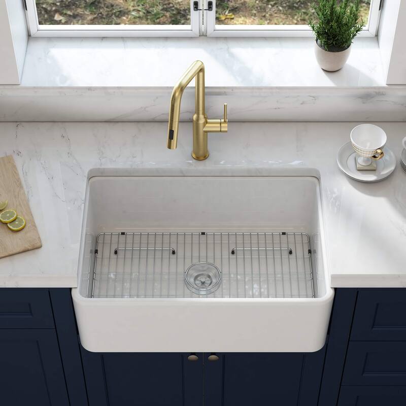 White Fireclay Farmhouse Undermount Kitchen Sink with Bottom Grid and Strainer