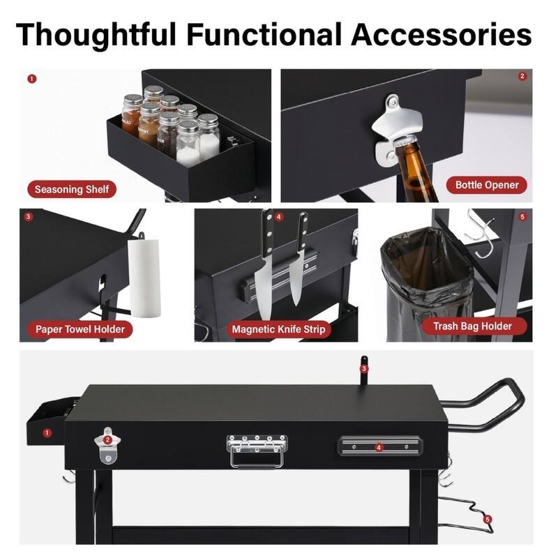 Portable 4-Wheel Collapsible BBQ Prep Table Black Outdoor Grill Station - N/A