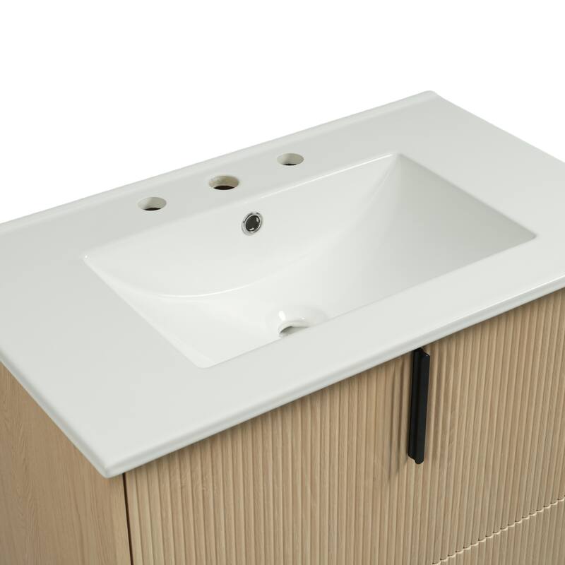 30" Bathroom Vanity with Ceramic Sink and Full-Extension Drawers, Soft Close Undermount Drawer Slides, Fluted Design