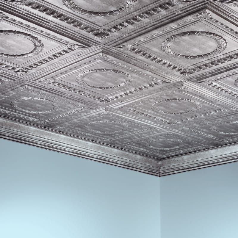 FASÄDE Rosette Decorative Vinyl 2ft x 4ft Glue Up Ceiling Panel in Crosshatch Silver (5 Pack)
