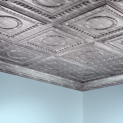 FASÄDE Rosette Decorative Vinyl 2ft x 4ft Glue Up Ceiling Panel in Crosshatch Silver (5 Pack)