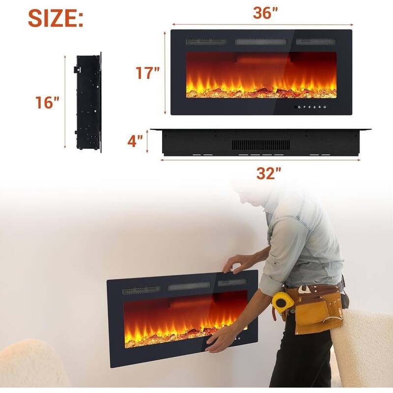 Wall Mount Electric Fireplace, Touch Screen and Remote Control, 12 Flame Colors