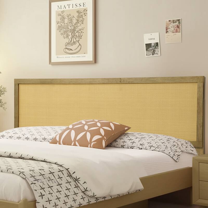 Natural Finish Rubberwood with Rattan Panel Headboard, King or Queen (Headboard Only)