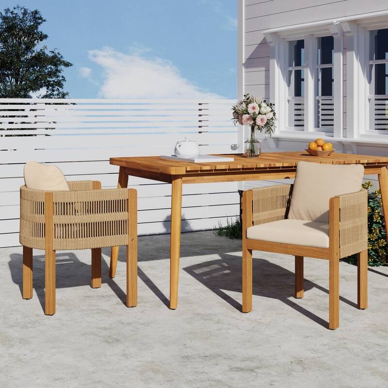 Acacia Wood Outdoor Dining Chairs 2-Pack with Brown Rope Handles, Washable Waterproof Beige Cushions, 400 lbs Capacity