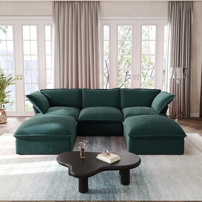 U Shape Couch Sectional for Living Room, Velvet Convertible Sectional Sofa With Ottomans - Green