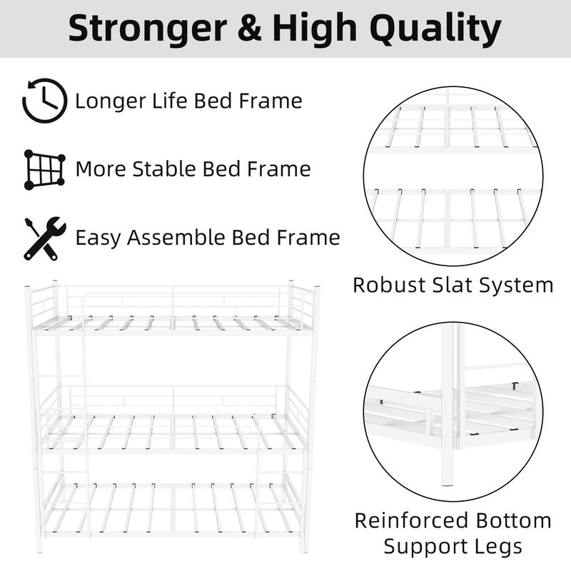 Heavy-duty Triple Frame Bed with Built-in Ladder and Full-length Railing, Space-saving, Easy to Assemble, White
