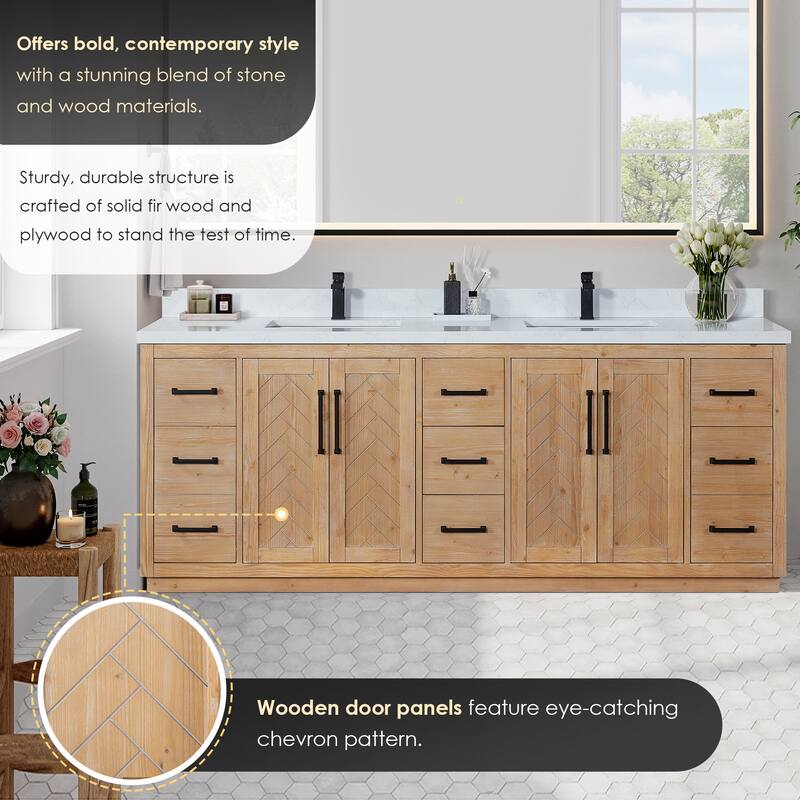 Anais 3Single Bathroom Vanity in Light Brown with Grain White Engineered Stone Countertop without Mirror