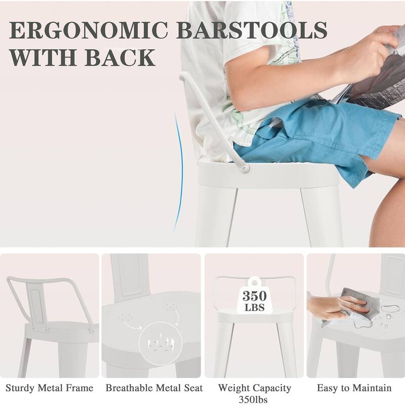 24 Inch Counter Stools Set of 4, Industrial Metal Barstools Bar Chairs with Large Seat and Low Back for Kitchen Island