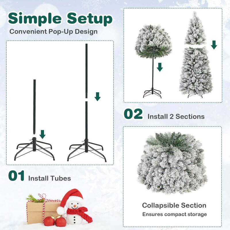 Costway 6/7 FT Flocked Christmas Tree with Pine Needles 517/680 Branch