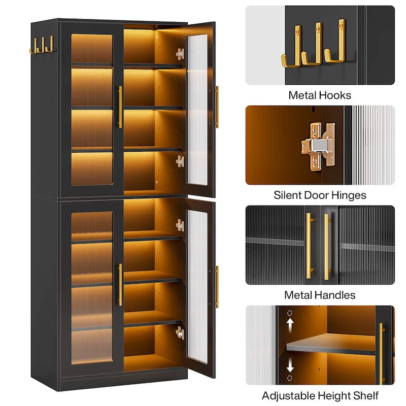 8-tier Modern Tall Bookcase Bookshelf with Doors and LED Light